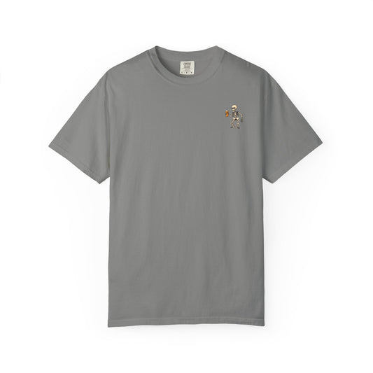 Gray t-shirt with a small embroidered design on a white background