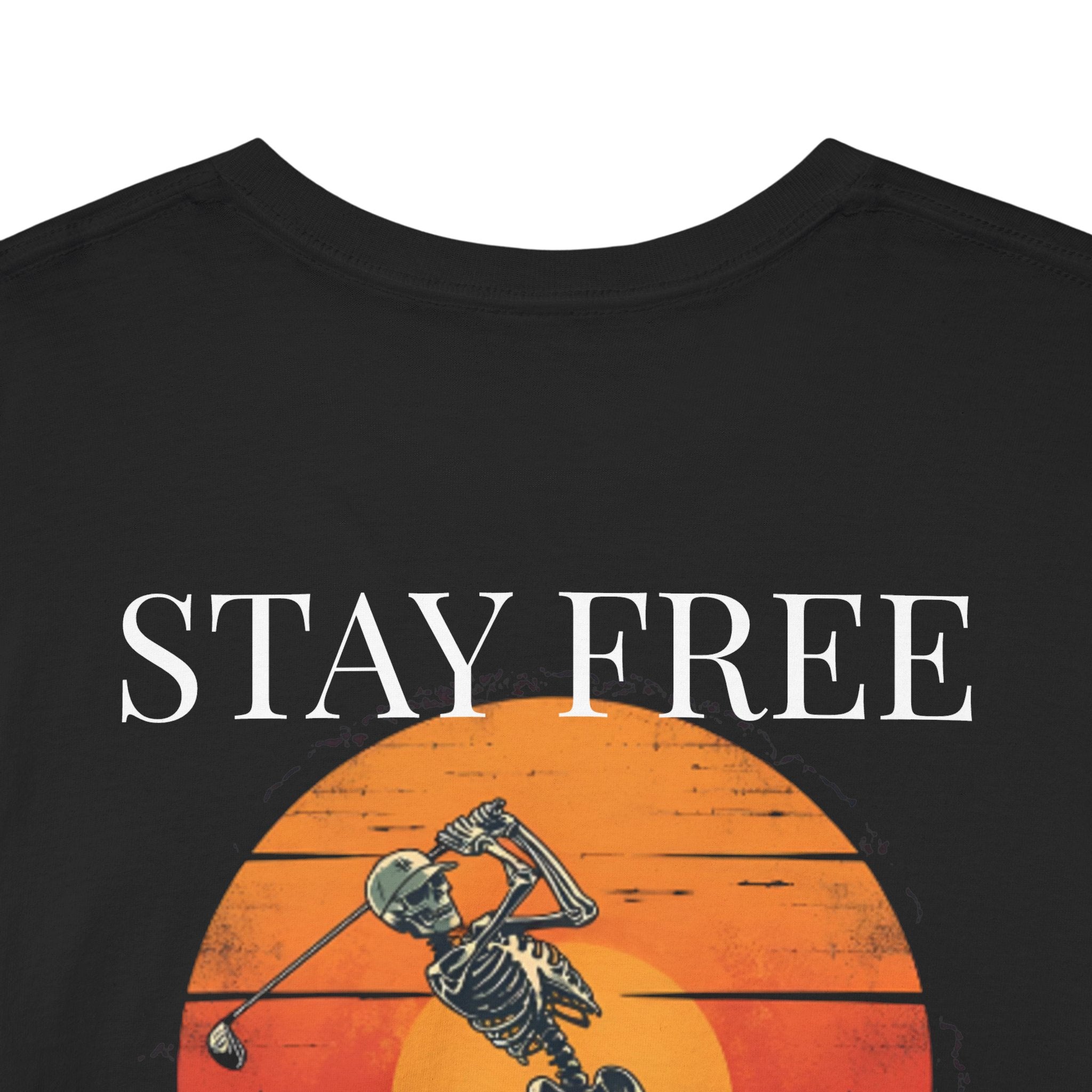 Sunset Skeleton Golf T-Shirt — "Stay Free" Graphic Tee