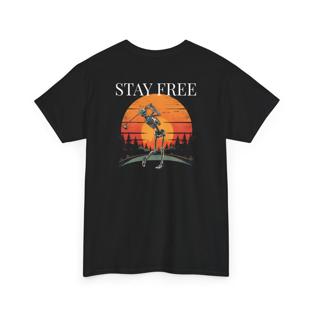 Sunset Skeleton Golf T-Shirt — "Stay Free" Graphic Tee