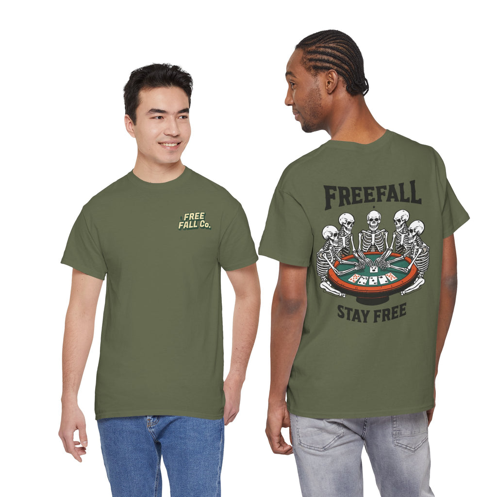 Freefall Poker Skeleton Tee — "Freefall Stay Free" Graphic T-Shirt