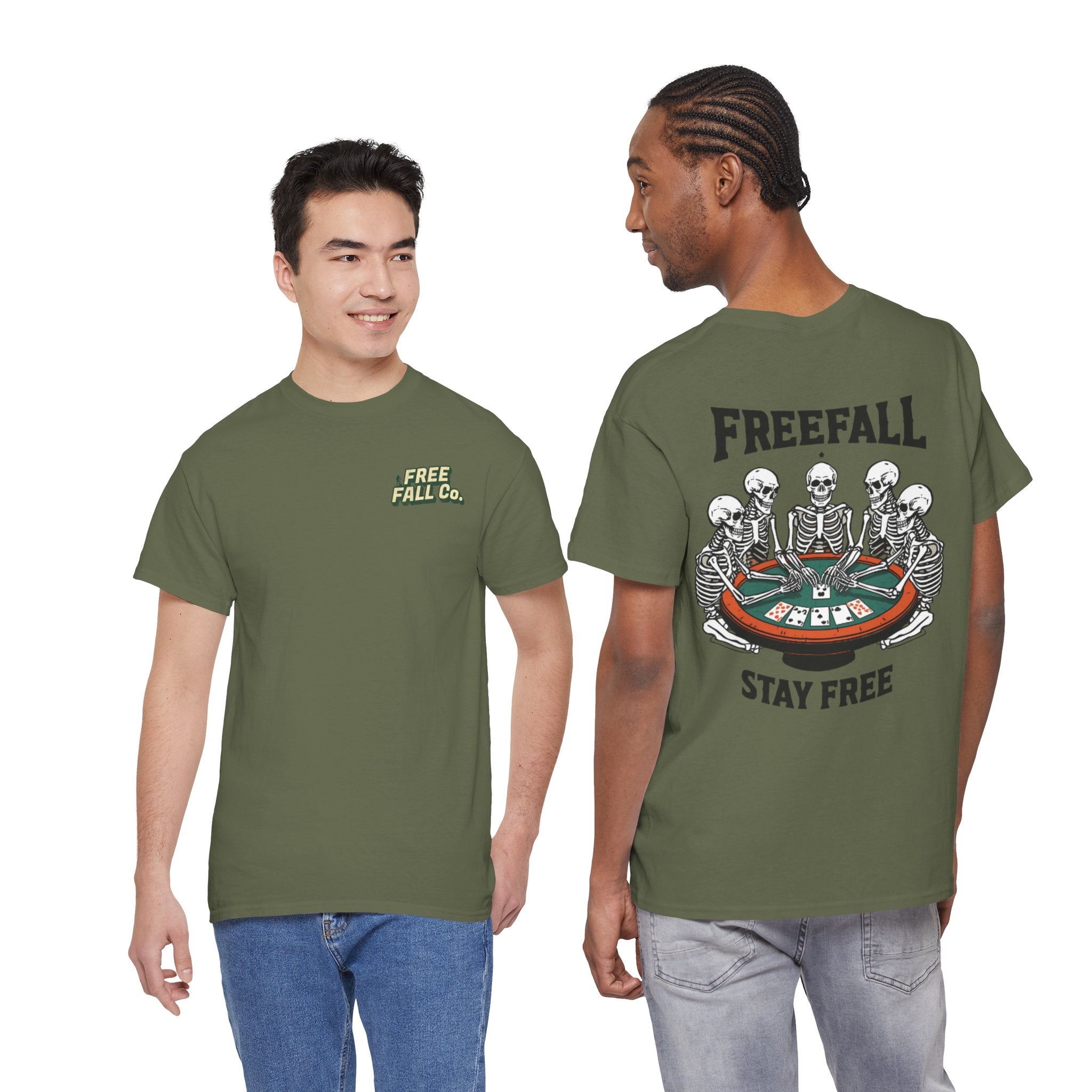 Freefall Poker Skeleton Tee — "Freefall Stay Free" Graphic T-Shirt