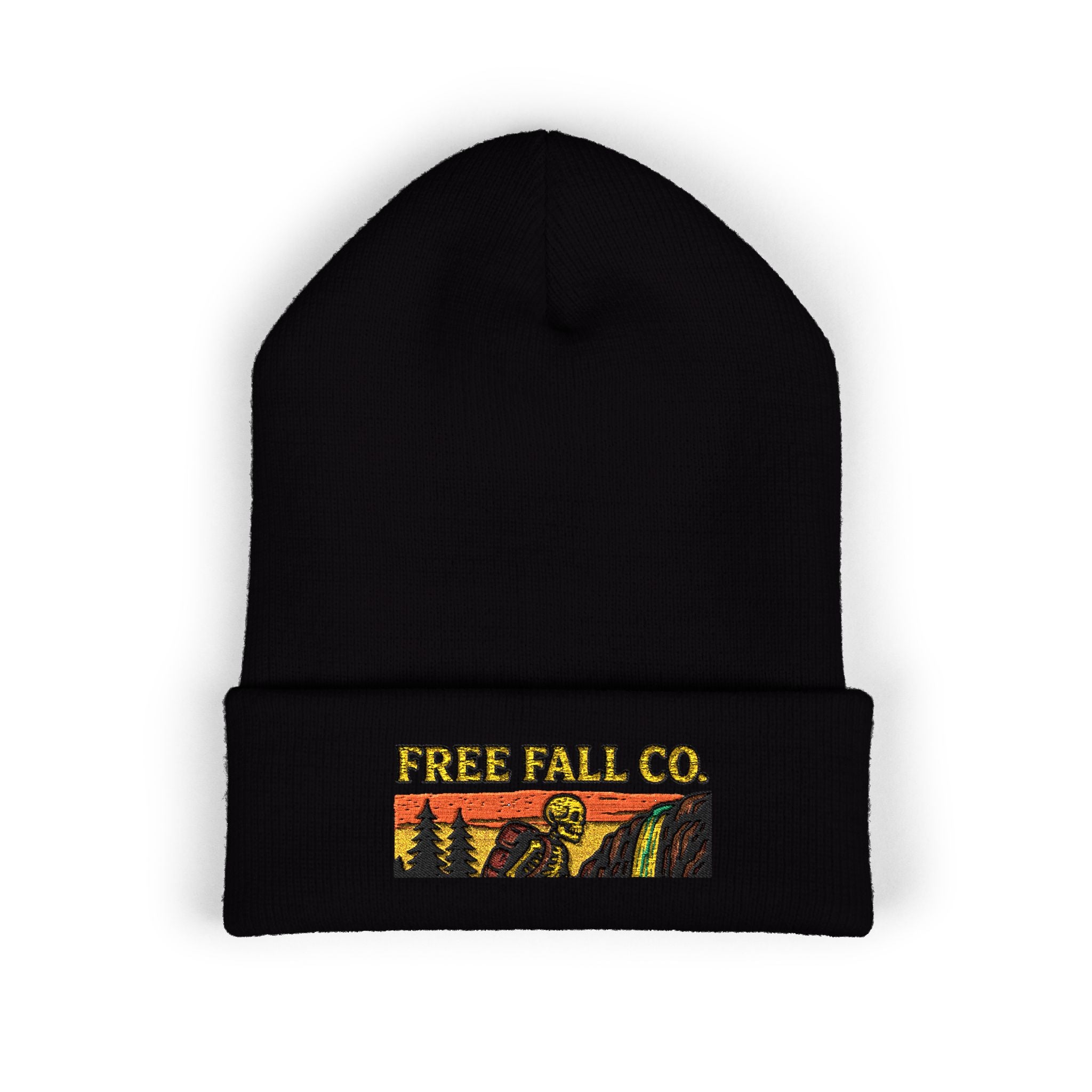 Free Fall Co. Embroidered Cuffed Beanie — Vintage Outdoor Skull Patch