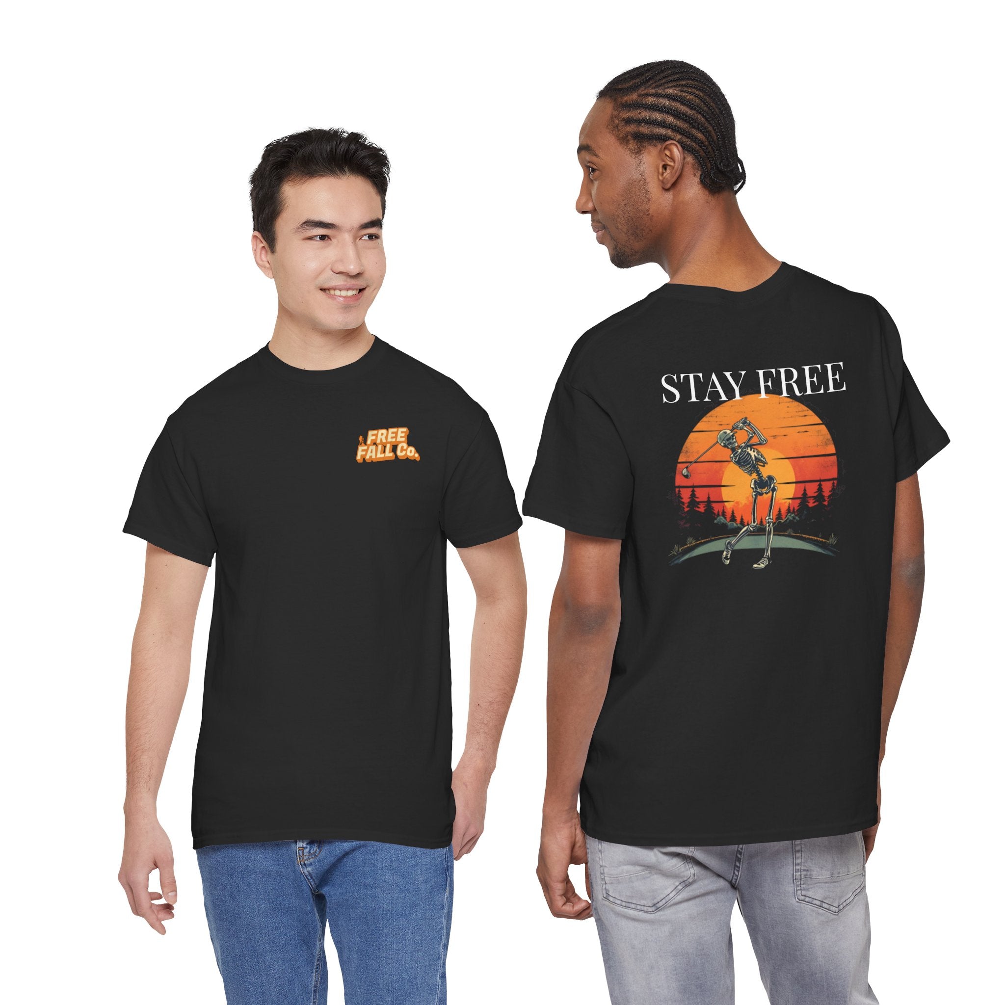 Sunset Skeleton Golf T-Shirt — "Stay Free" Graphic Tee