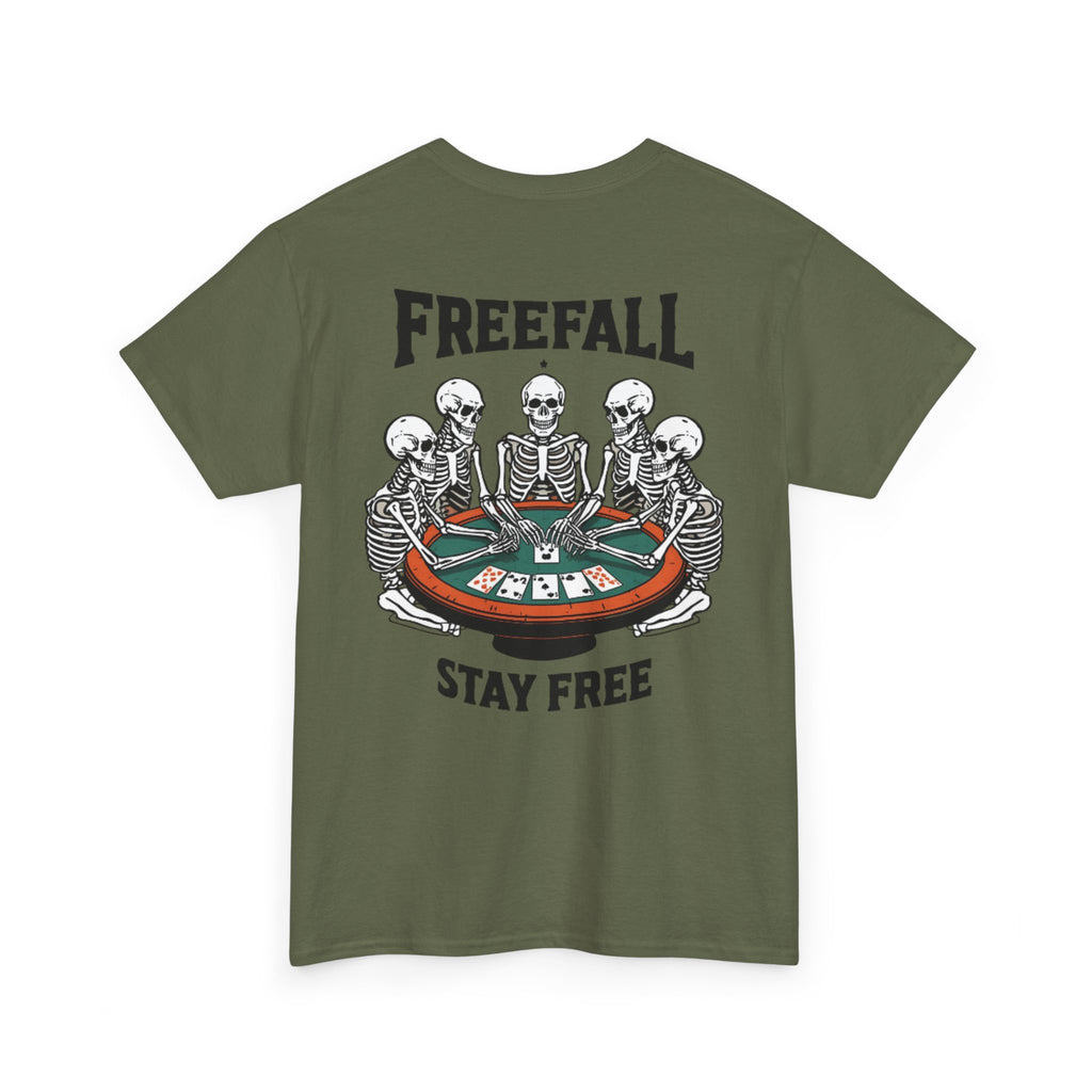 Freefall Poker Skeleton Tee — "Freefall Stay Free" Graphic T-Shirt