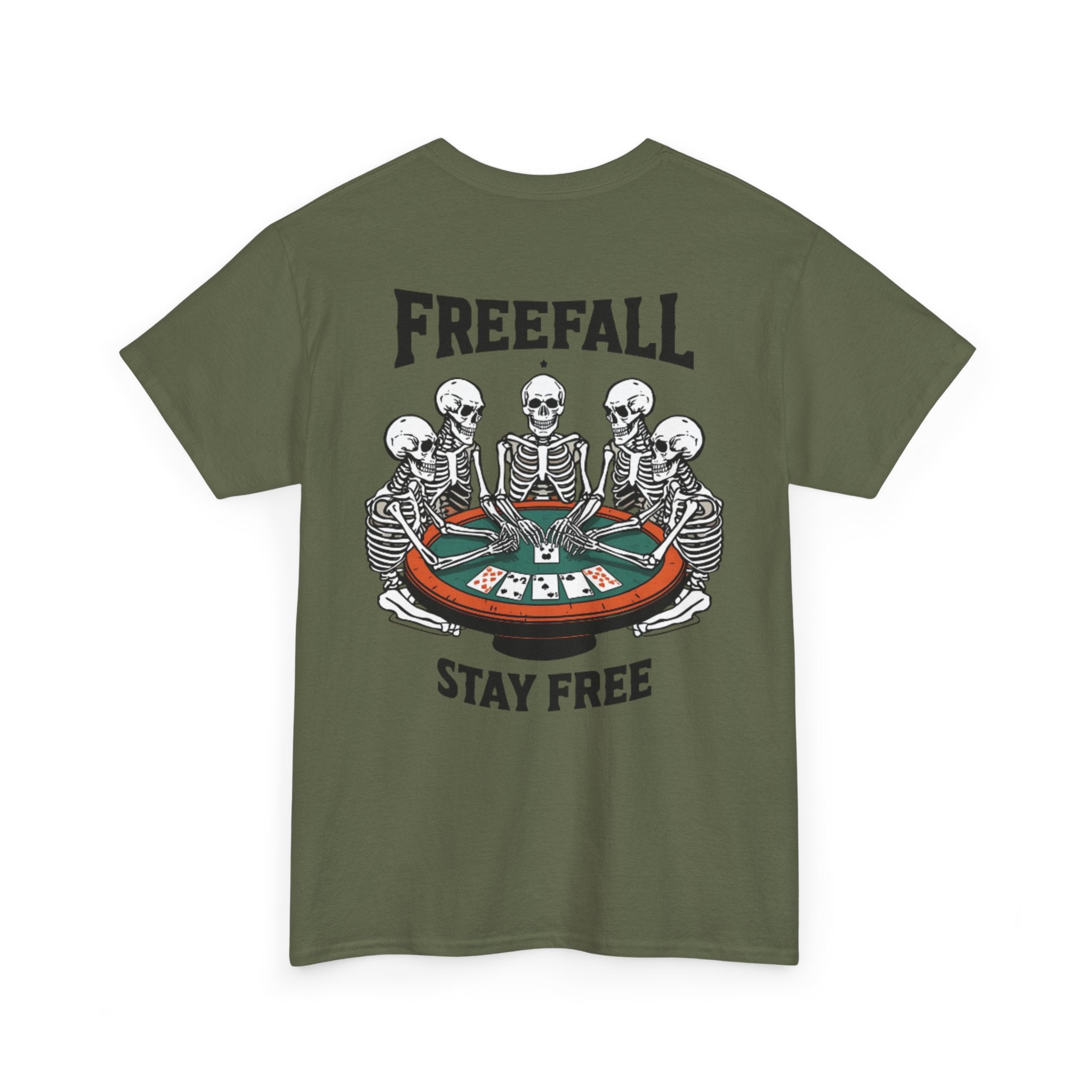 Freefall Poker Skeleton Tee — "Freefall Stay Free" Graphic T-Shirt