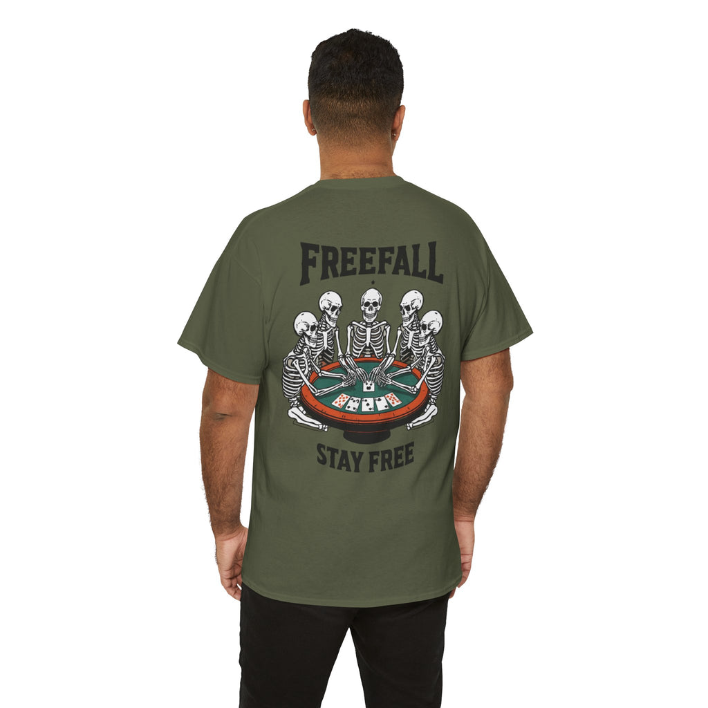 Freefall Poker Skeleton Tee — "Freefall Stay Free" Graphic T-Shirt