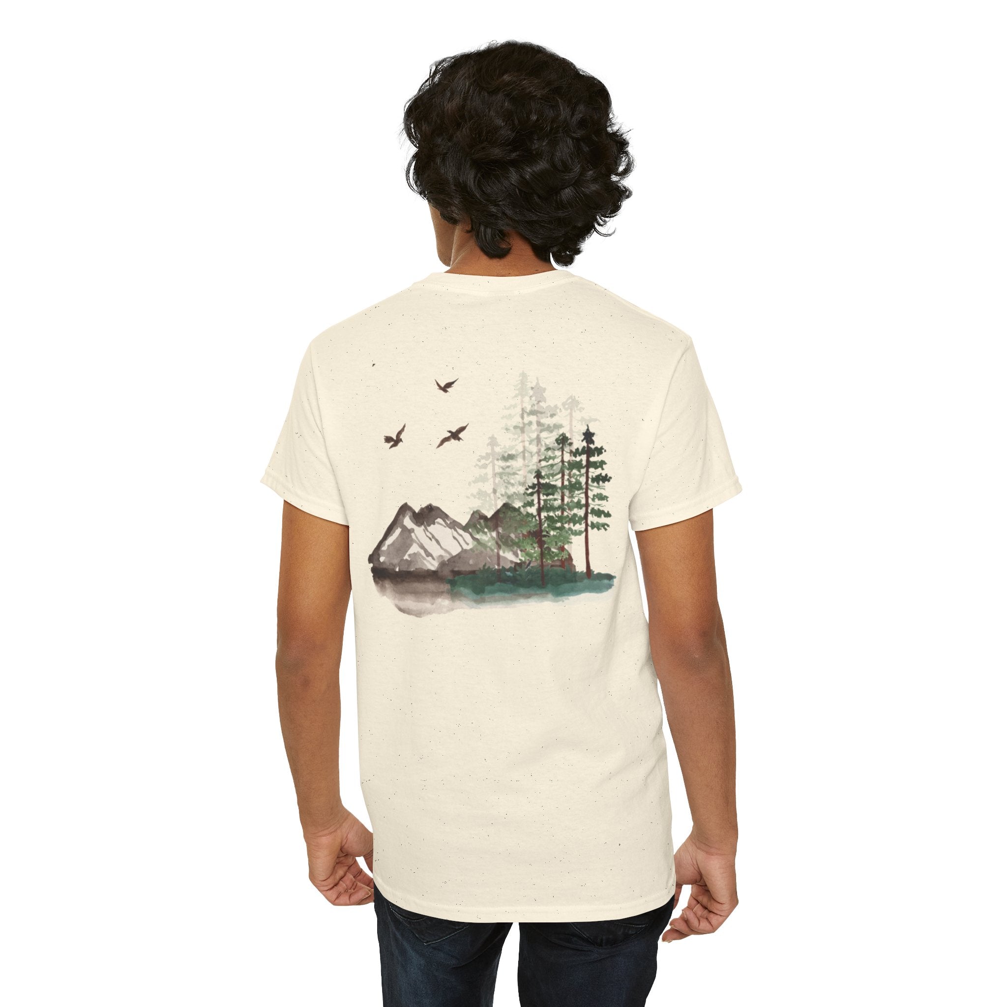 Nature Scene T-Shirt — Mountain Lake Forest Graphic Tee ("Free Fall Co.")