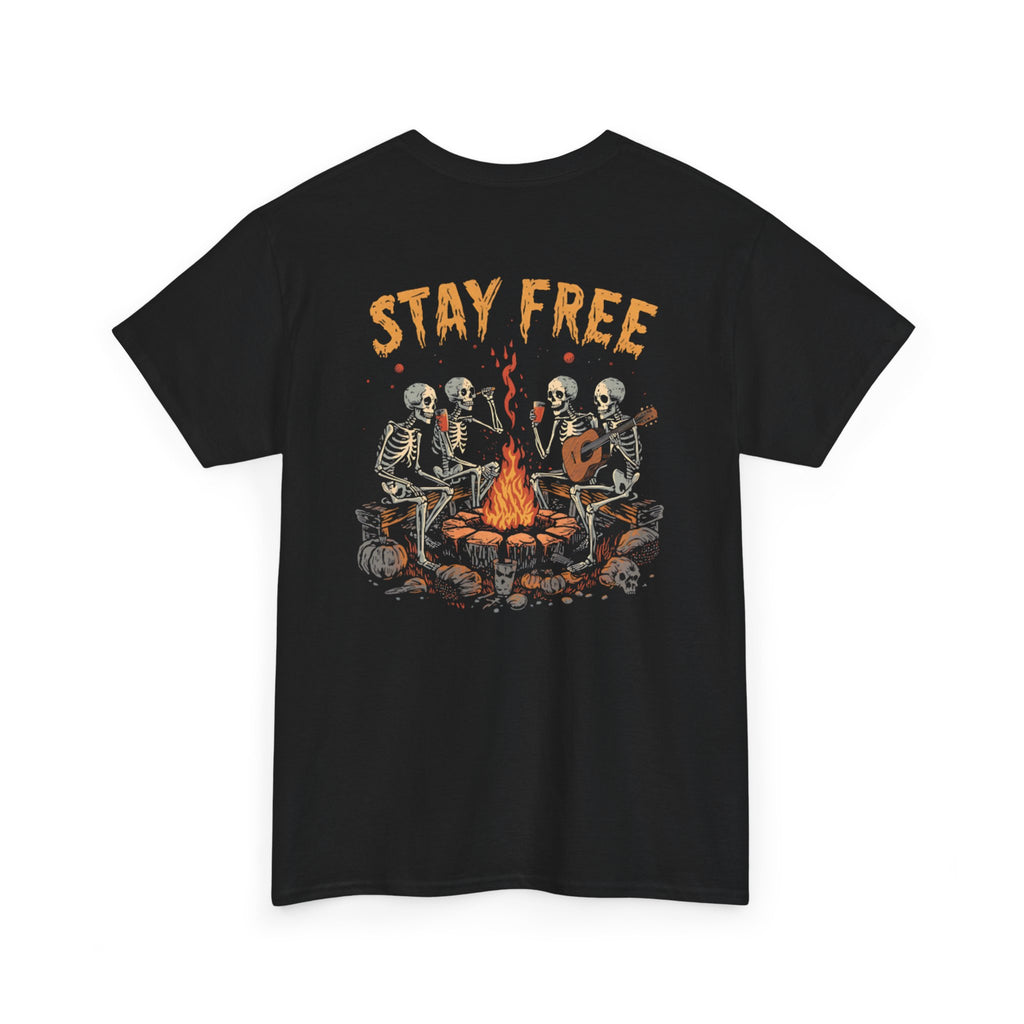 Stay Free Skeleton Campfire T-Shirt — "Stay Free" Graphic Tee