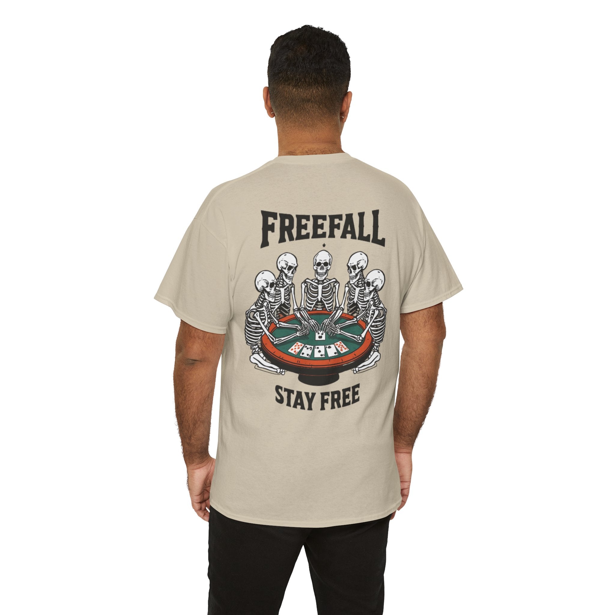 Freefall Poker Skeleton Tee — "Freefall Stay Free" Graphic T-Shirt