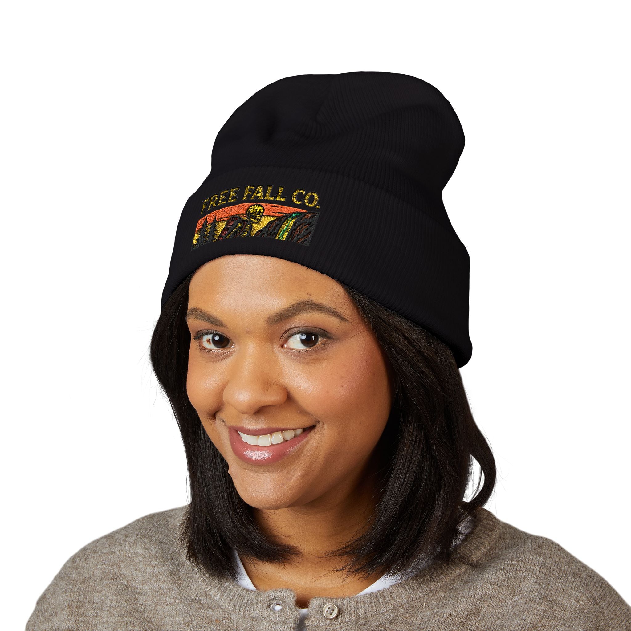 Free Fall Co. Embroidered Cuffed Beanie — Vintage Outdoor Skull Patch