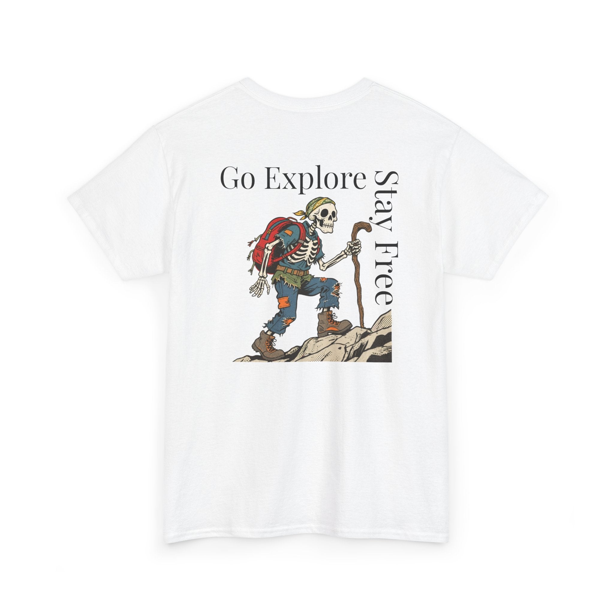 Explore More Tee — "Go Explore Stay Free" Skeleton Hiker Graphic T-Shirt