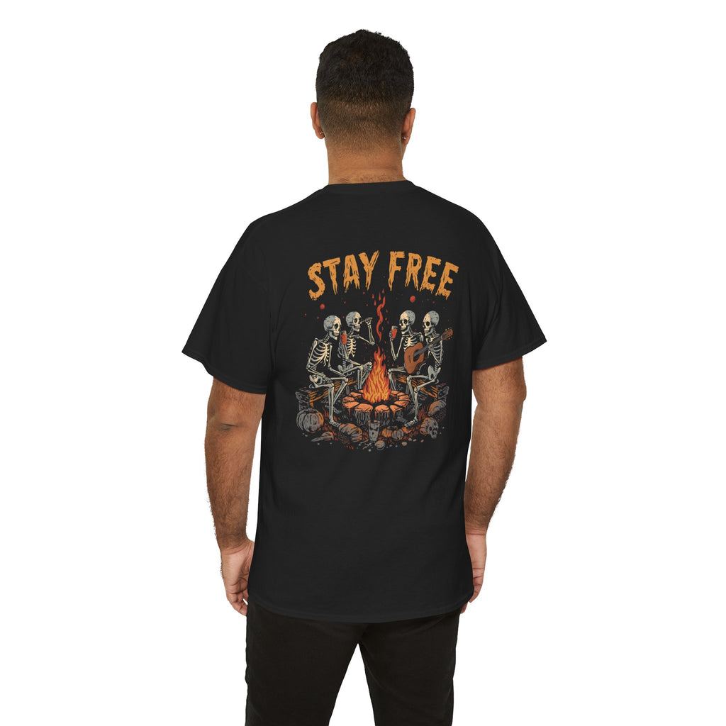 Stay Free Skeleton Campfire T-Shirt — "Stay Free" Graphic Tee