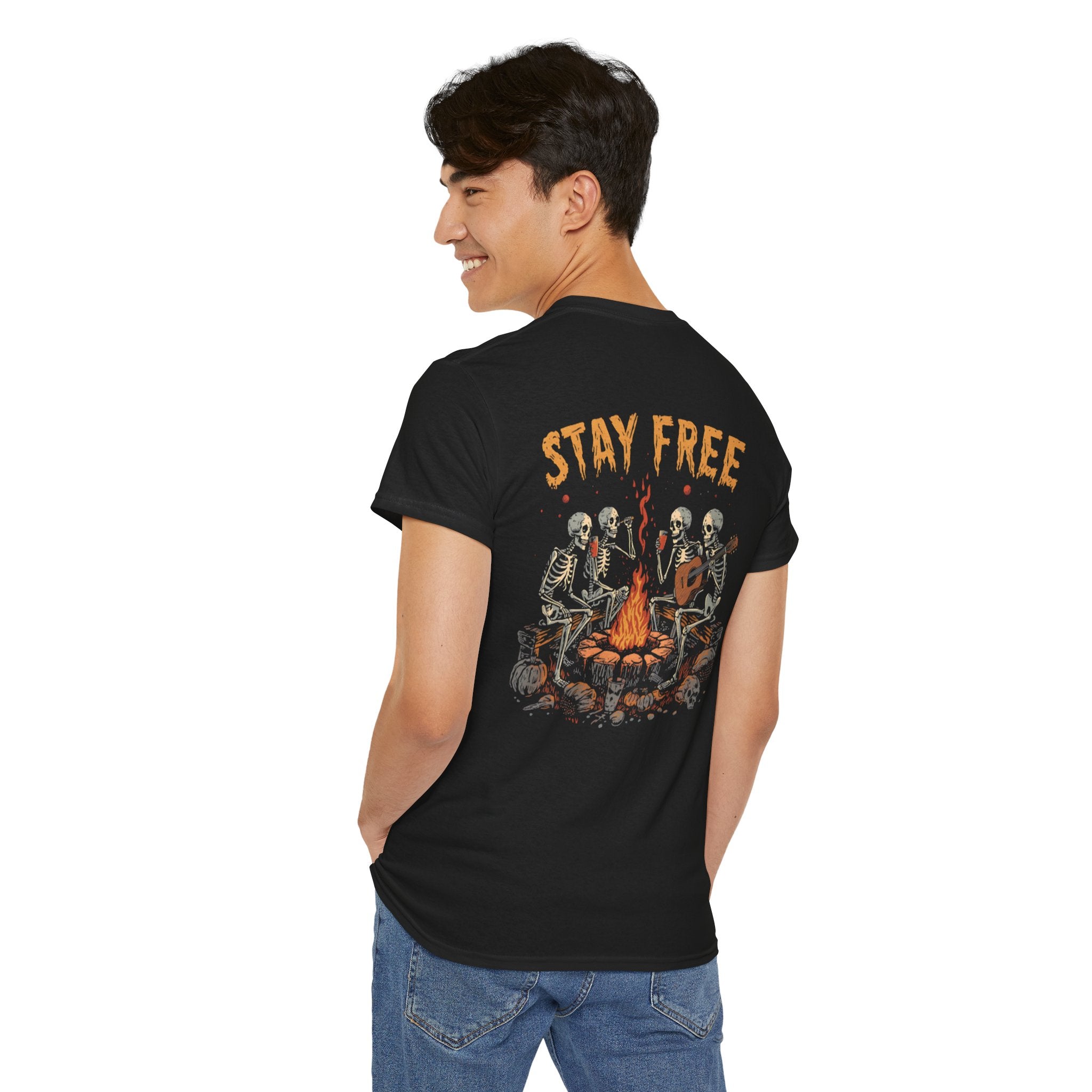 Stay Free Skeleton Campfire T-Shirt — "Stay Free" Graphic Tee