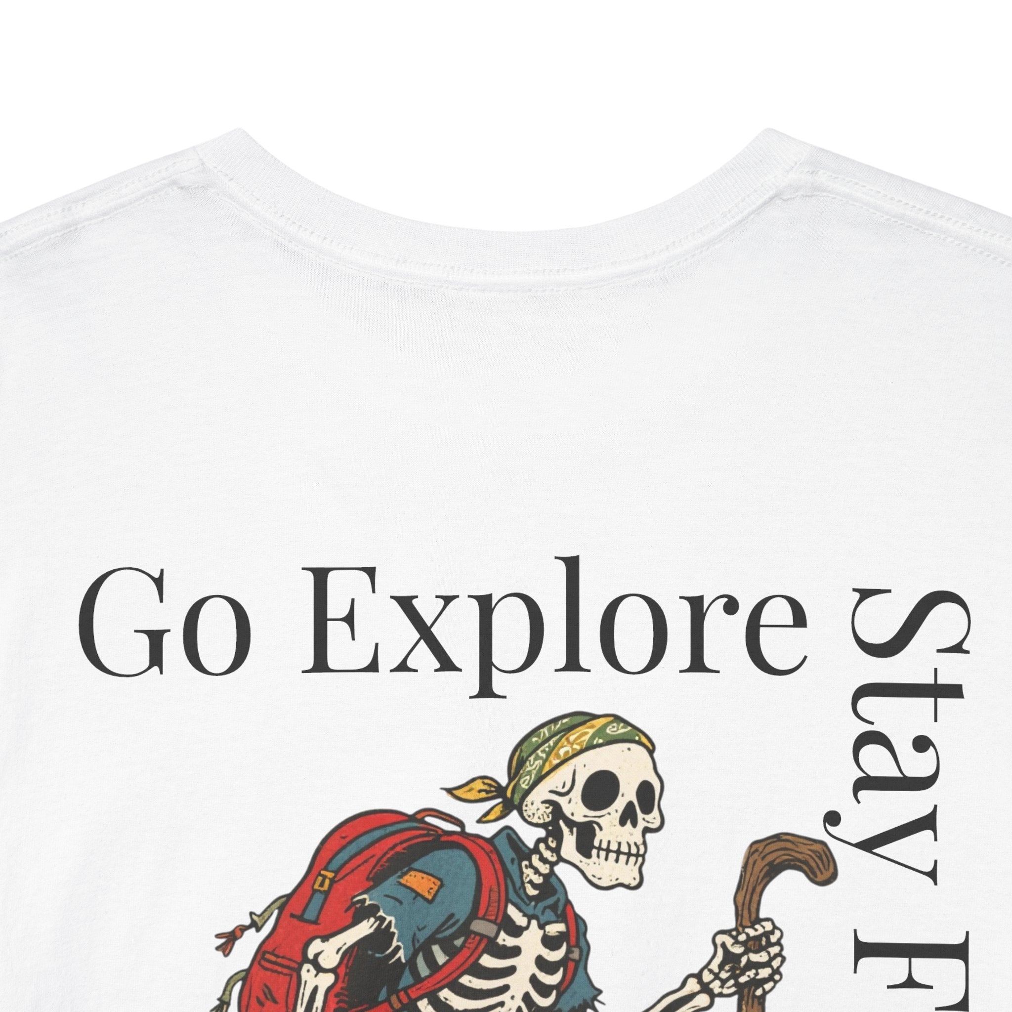 Explore More Tee — "Go Explore Stay Free" Skeleton Hiker Graphic T-Shirt