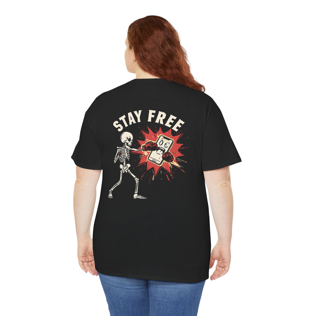 Skeleton Boxing Phone Tee — "Boxing My Phone to Stay Free" Graphic T-Shirt