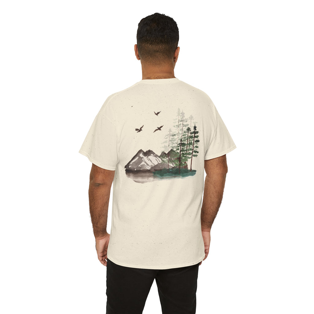 Nature Scene T-Shirt — Mountain Lake Forest Graphic Tee ("Free Fall Co.")