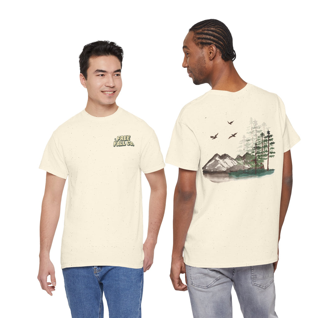 Nature Scene T-Shirt — Mountain Lake Forest Graphic Tee ("Free Fall Co.")