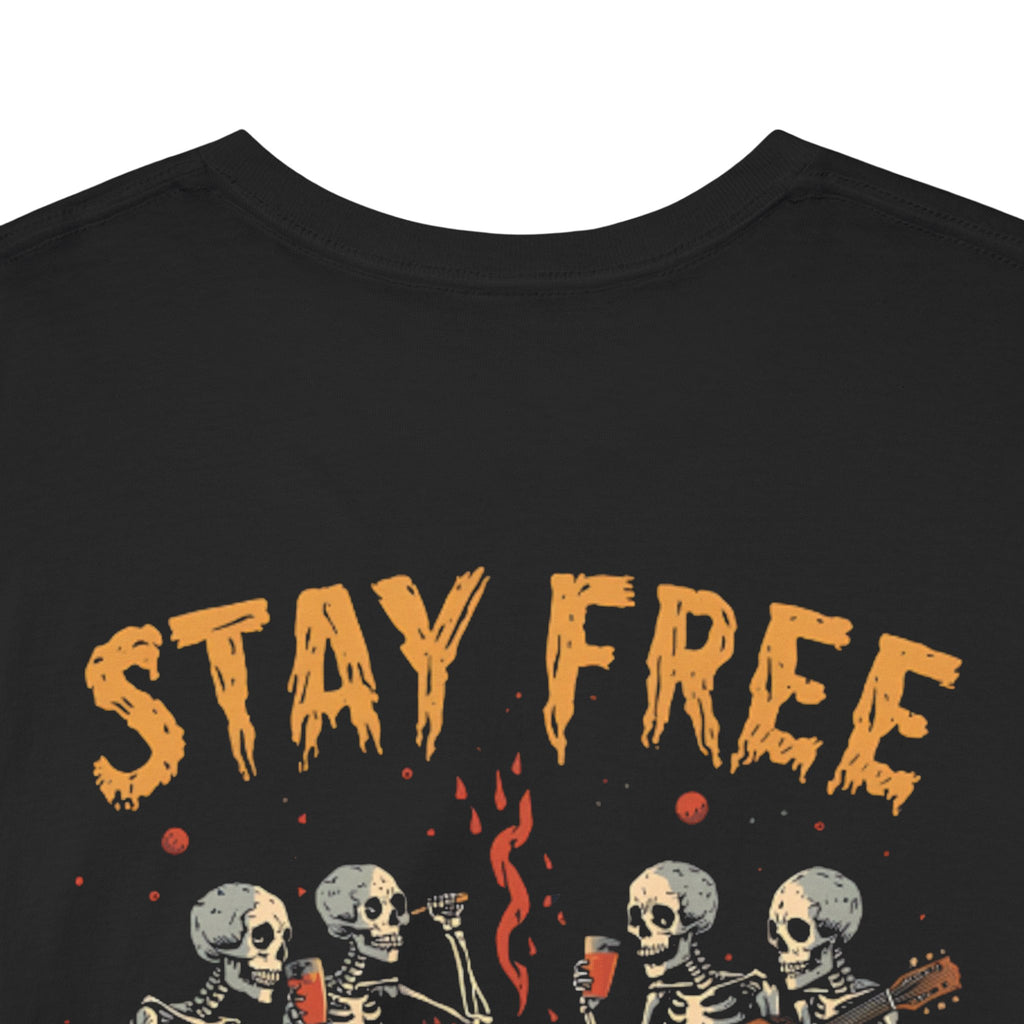Stay Free Skeleton Campfire T-Shirt — "Stay Free" Graphic Tee