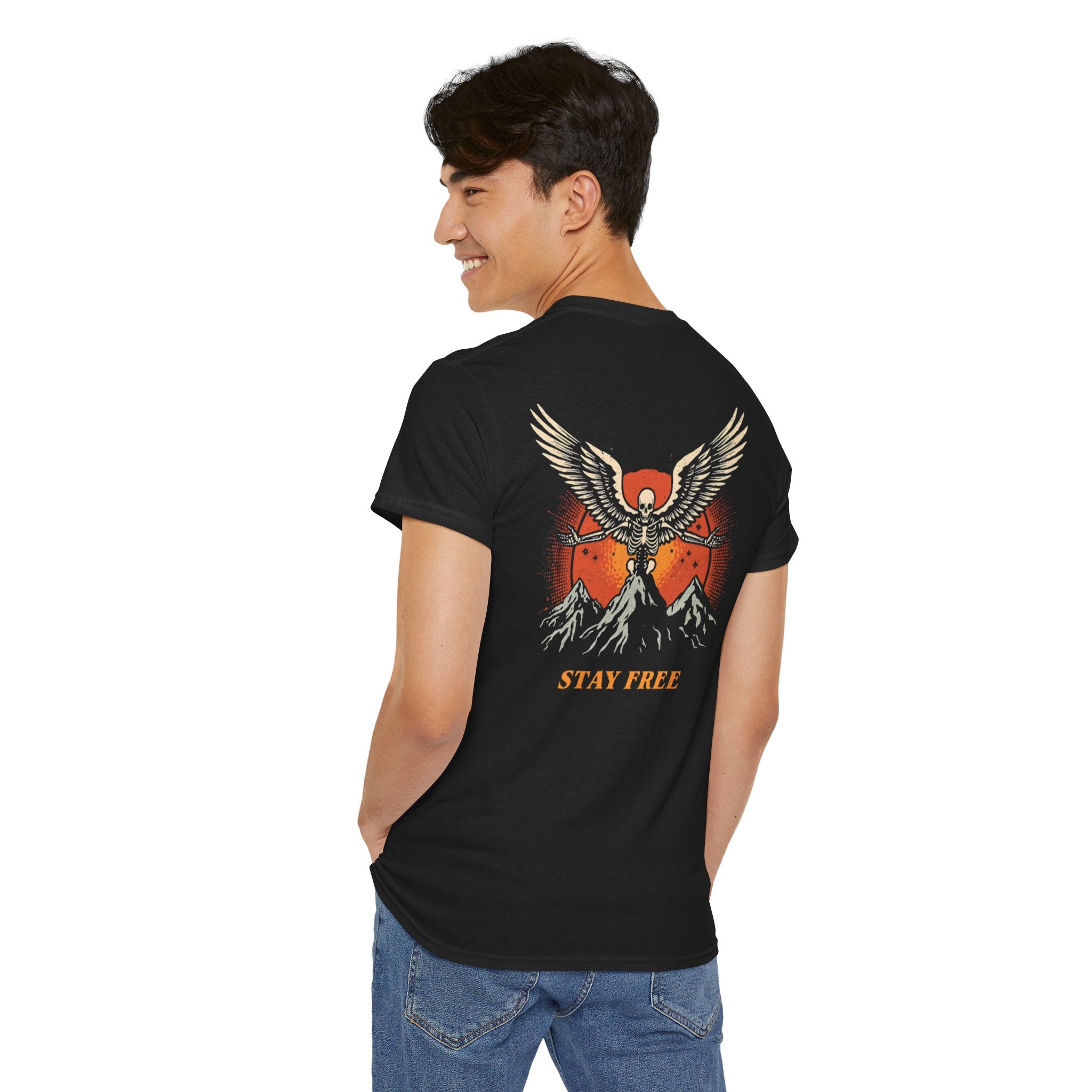 Stay Free Tee — Vintage Skeleton Wings Mountain Graphic T-Shirt