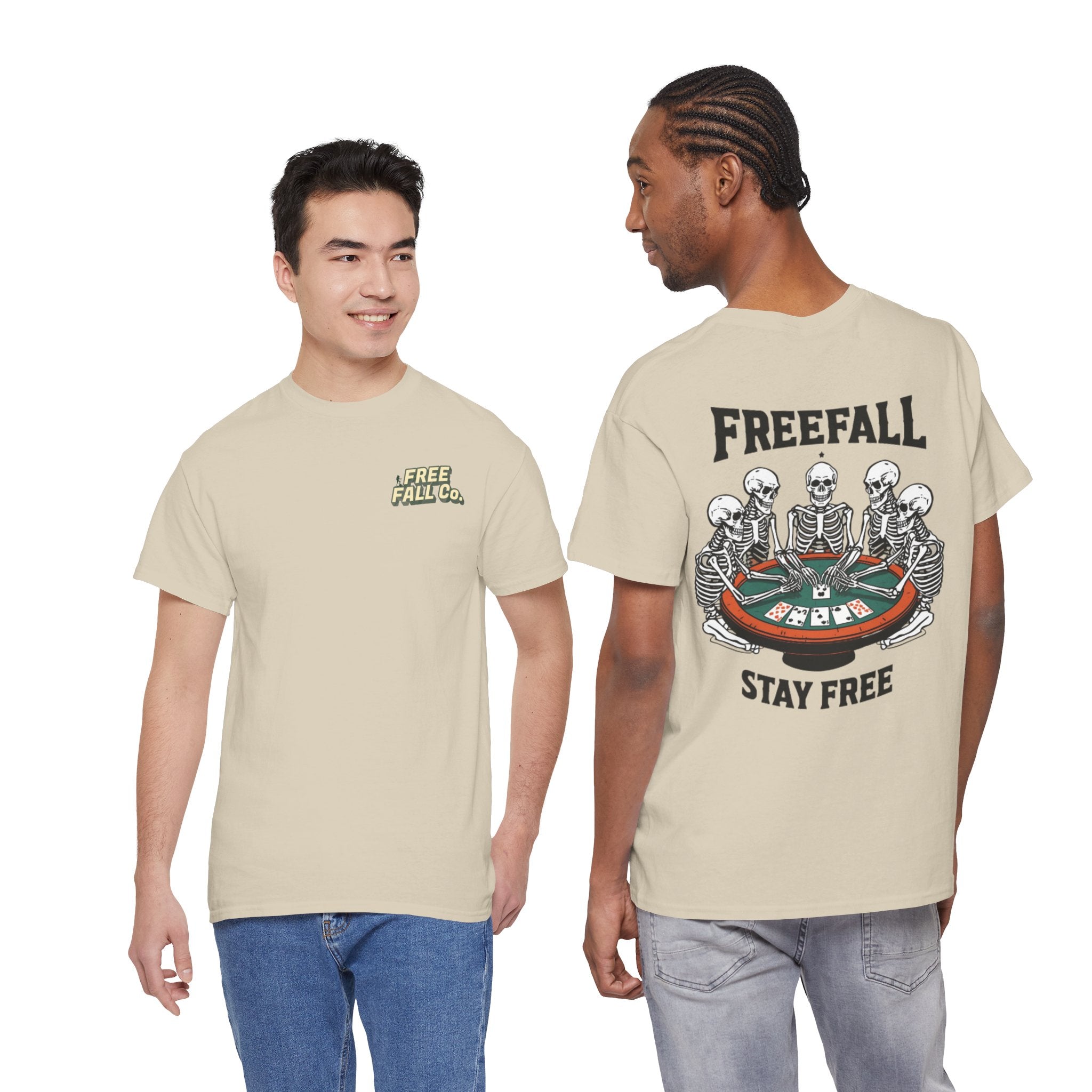 Freefall Poker Skeleton Tee — "Freefall Stay Free" Graphic T-Shirt