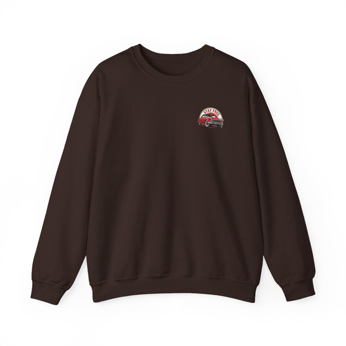 Brown sweatshirt with a small logo on the chest against a white background